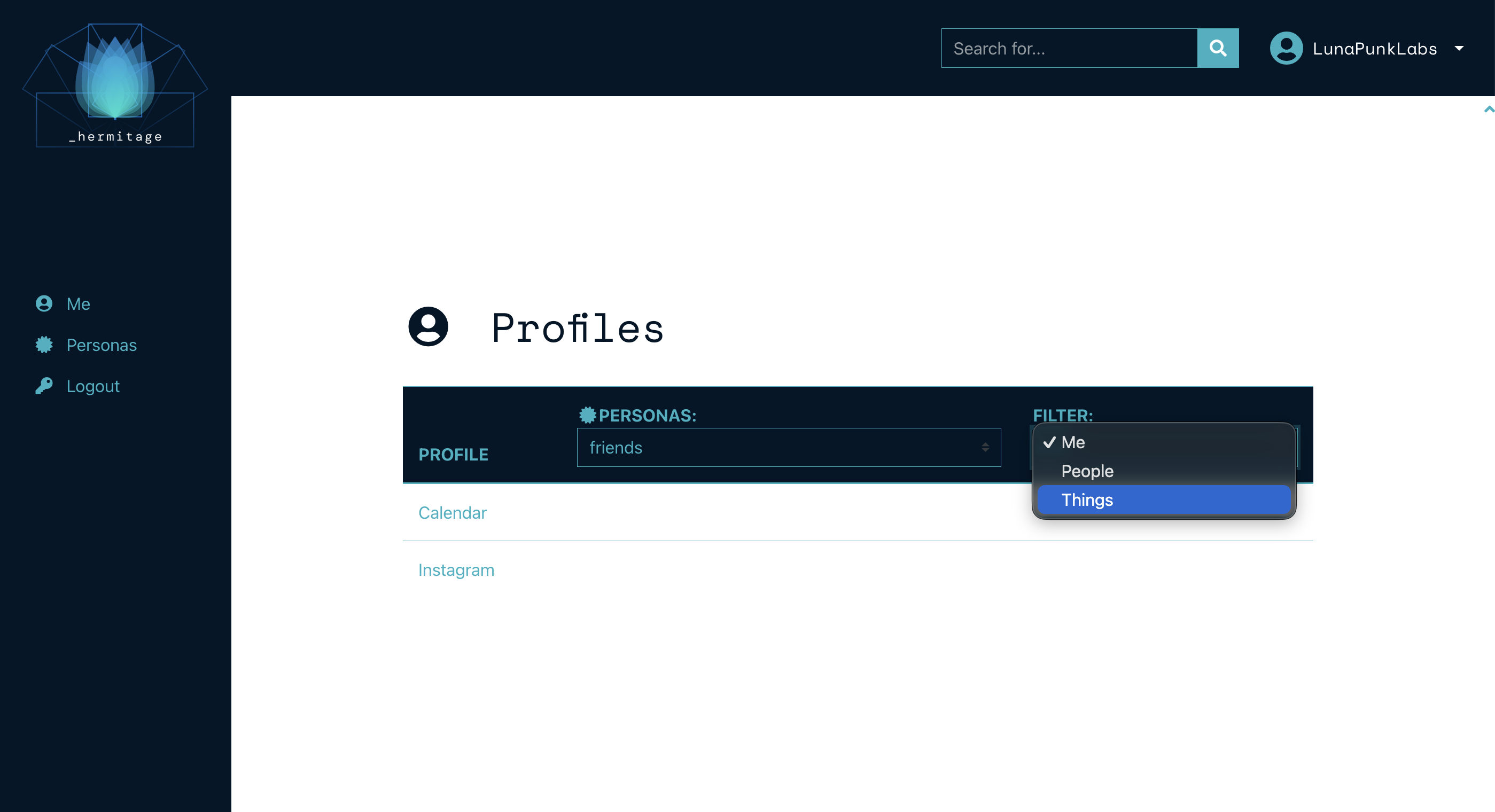 Hermitage profiles view with persona and filter options